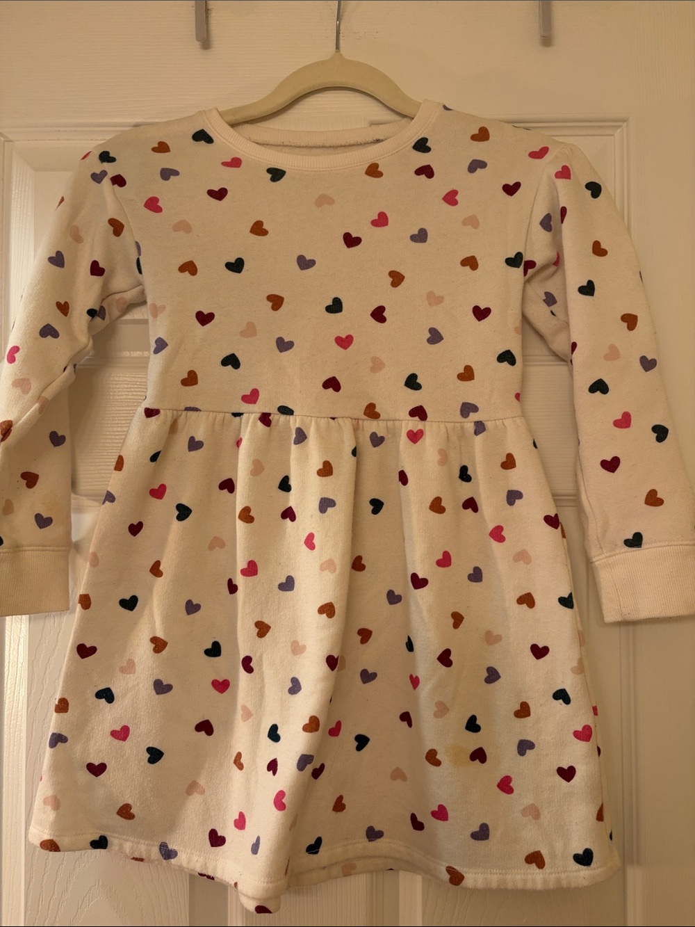 Girls' Thick Winter Dress Cream Heart-Print Long-Sleeve